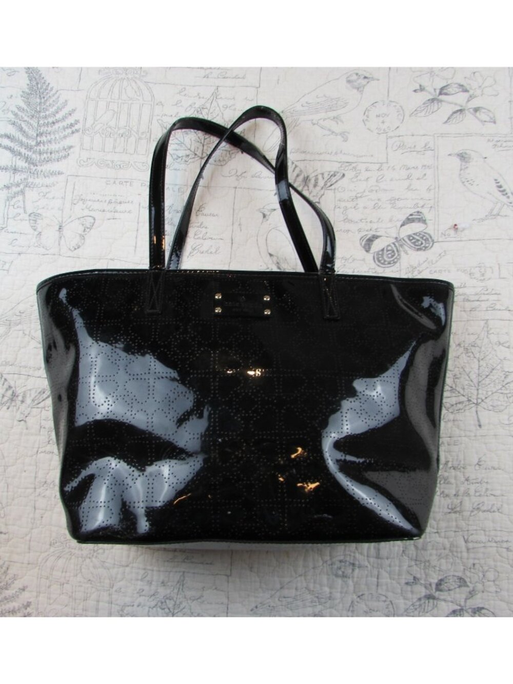 Kate Spade Black Perforated Harmony Metro Patent Leather Heart Tote Bag